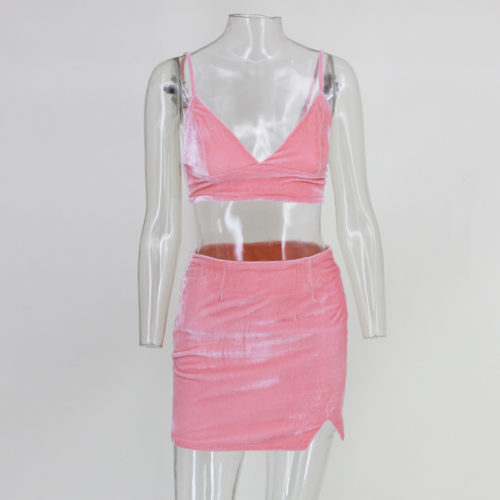 Velvet Striped Pink Top and Mini Skirt Set