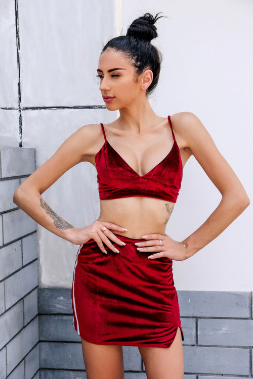 Velvet Striped Red Top and Mini Skirt Set